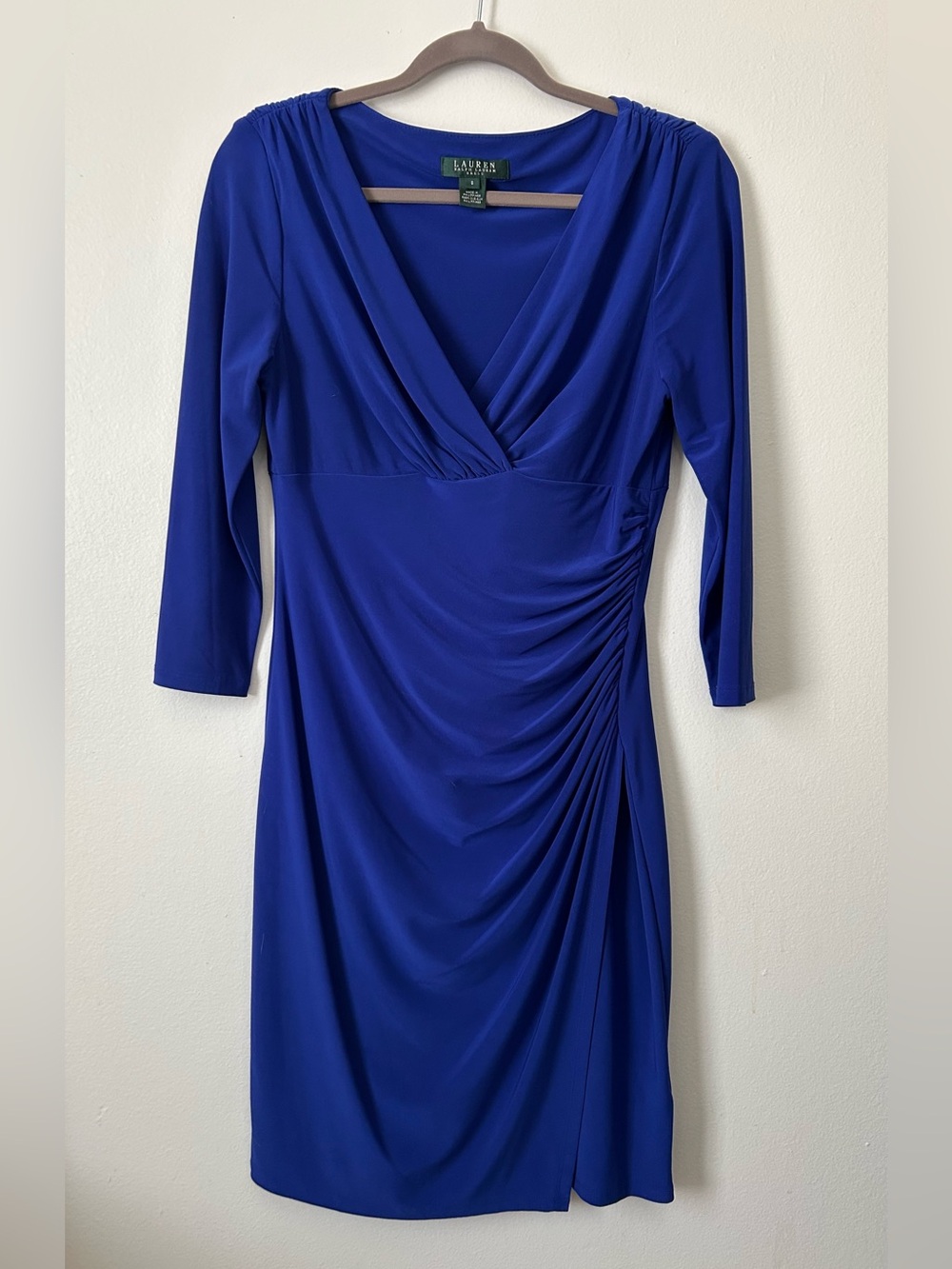 Lauren Ralph Lauren Cobalt Blue Faux-Wrap Ruched Long Sleeve Dress